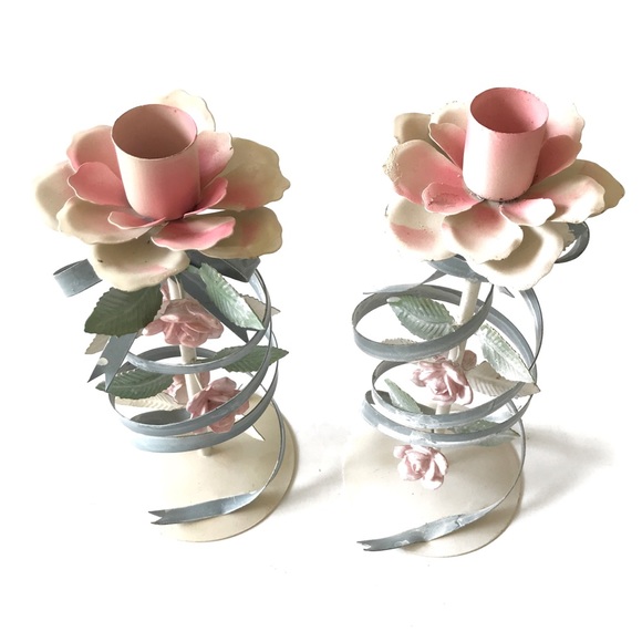 Vintage Other - Vintage Shabby Chic Flower Ribbon Candle Holders